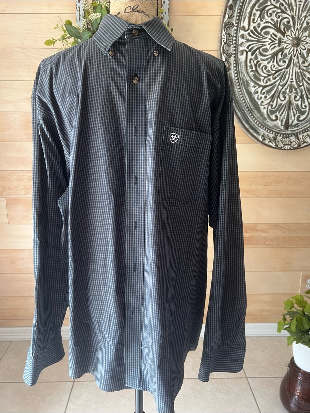 Ariat Men's Button-Down Dress Shirt - Black, White & Gray Micro-Check Size XL